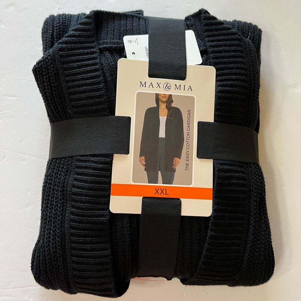 MAX & MIA 100% Cotton Cardigan Sweater Ladies’ XXL Black Open Front Pockets NWT